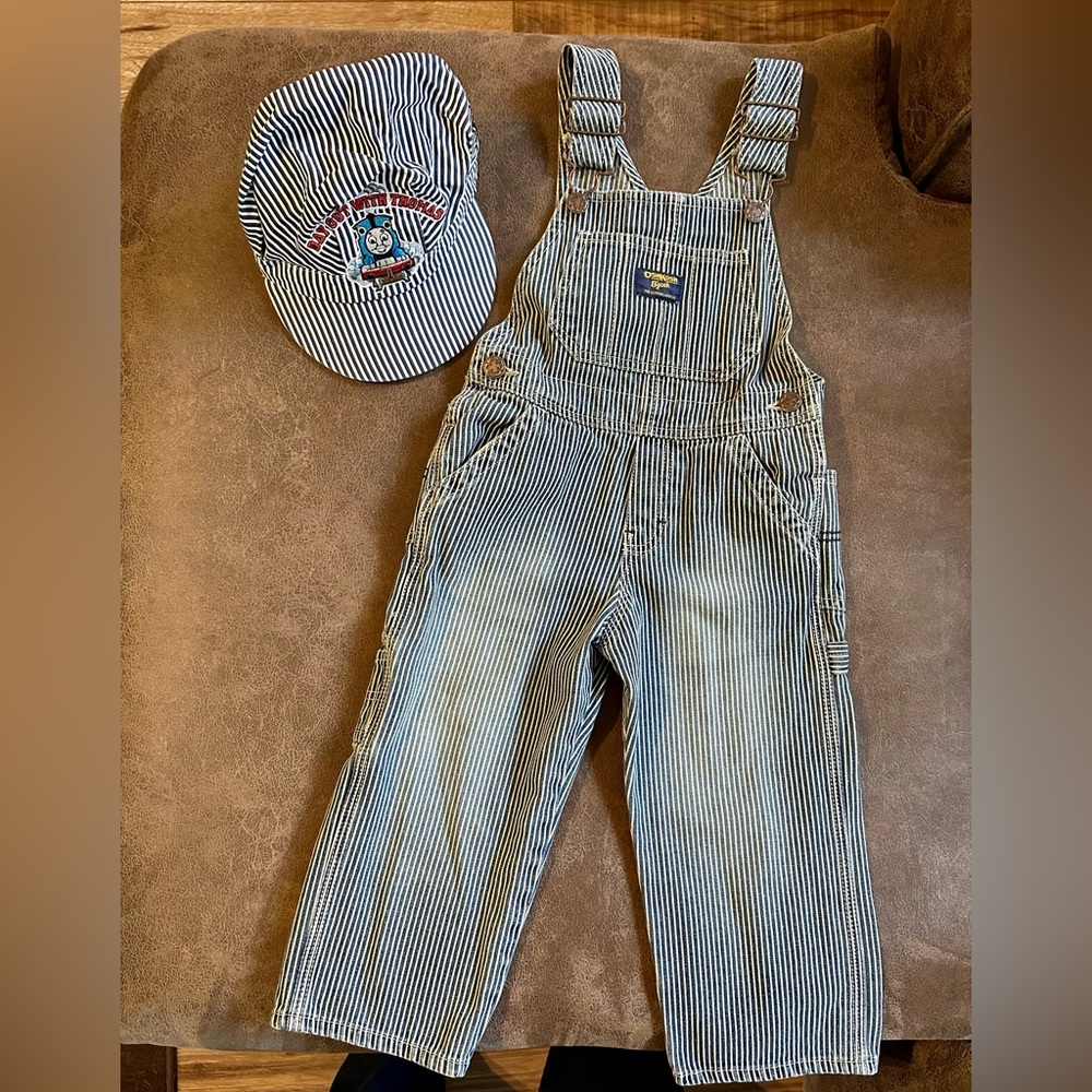 Oshkosh bigosh blue/white striped bibs and Thomas the Train conductor hat bundle